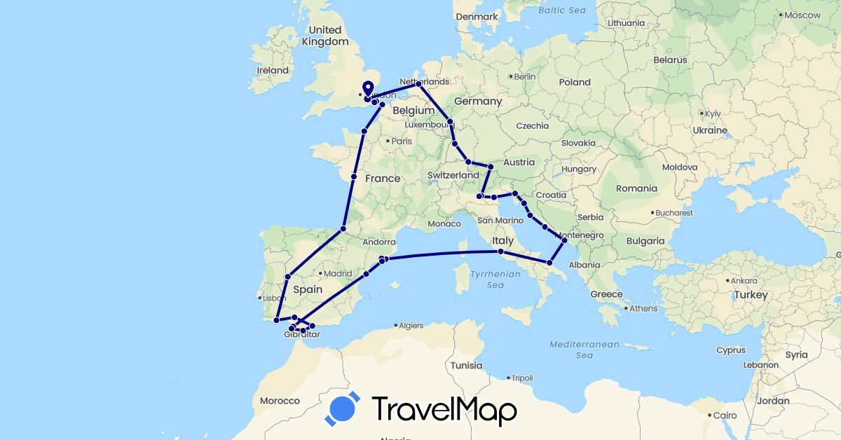 TravelMap itinerary: driving in Austria, Germany, Spain, France, United Kingdom, Croatia, Italy, Netherlands, Portugal (Europe)